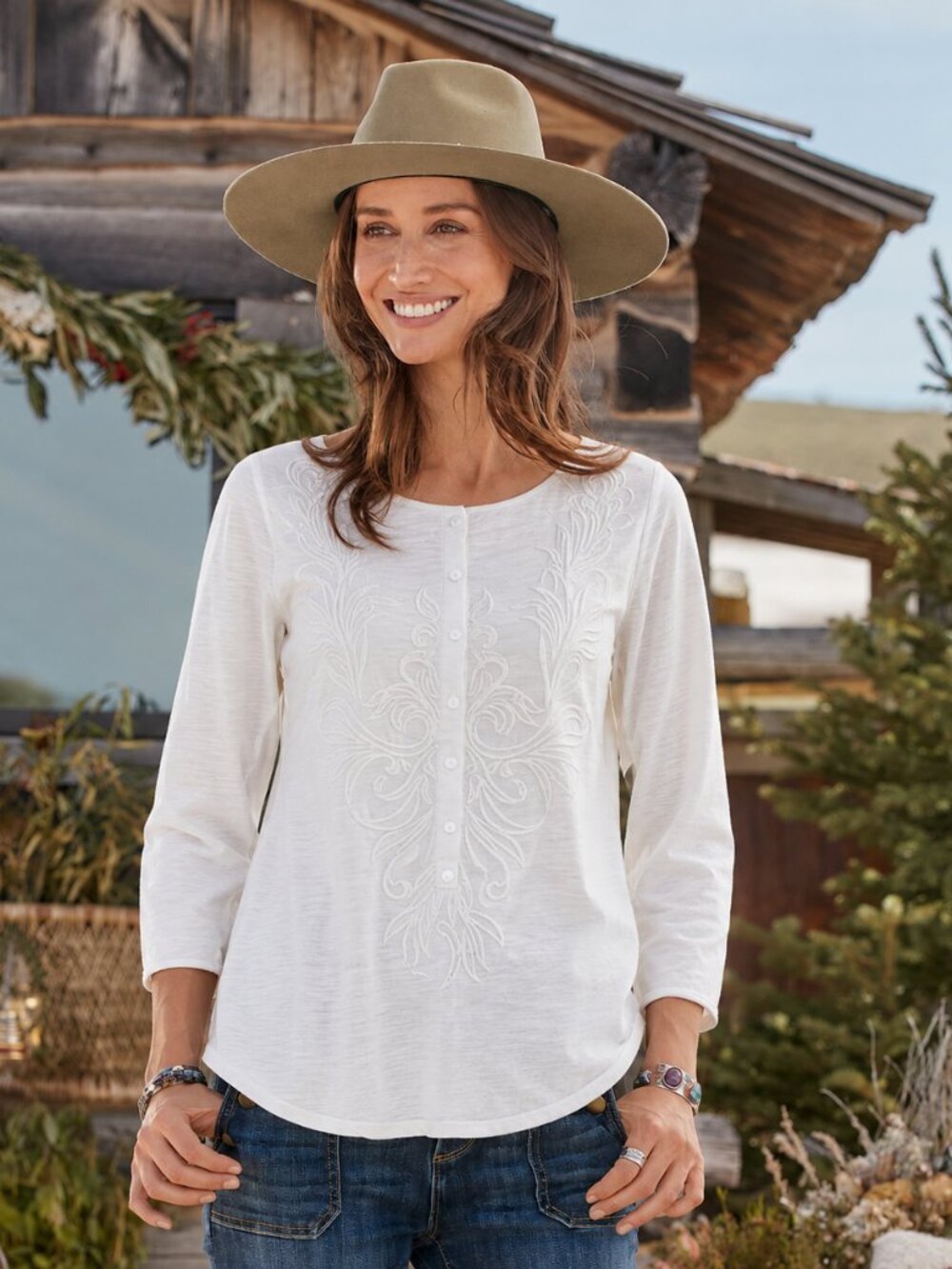 SUNDANCE: Embroidered Long Sleeve Top w/ Button Down